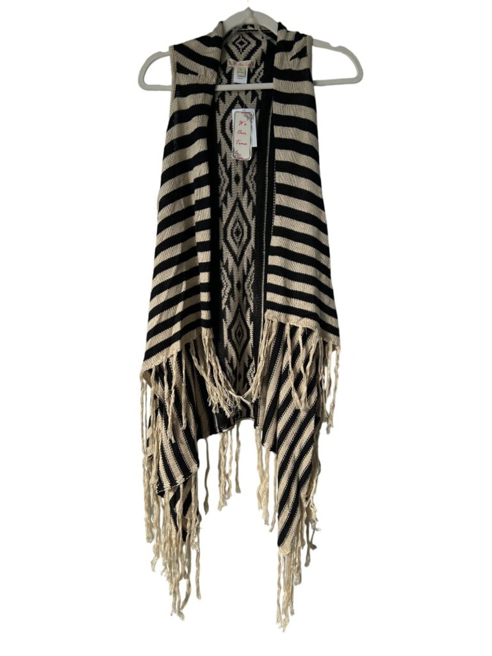 Its Our Time Sleeveless Fringe Knit Cardigan Vest Womens M Striped Beige Black N